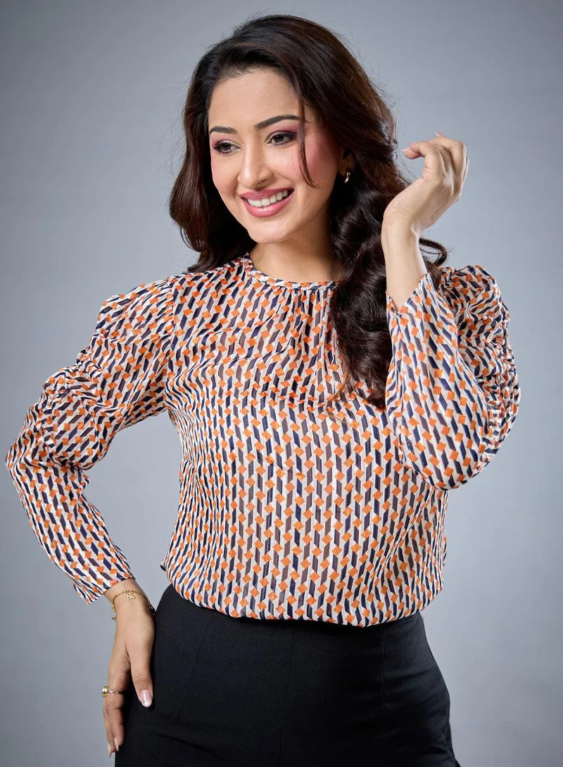 Zigzag Long Sleeve Gathered Printed Top