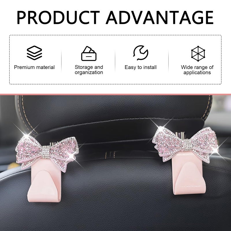 MOXRUQ 2 PCS Bling Bow Car Seat Headrest Hooks, S Type Crystal Seat Back Hangers, Universal Vehicle Storage Organizer for Handbag, Purse, Coat, Grocery Bags (Pink) - Image 3