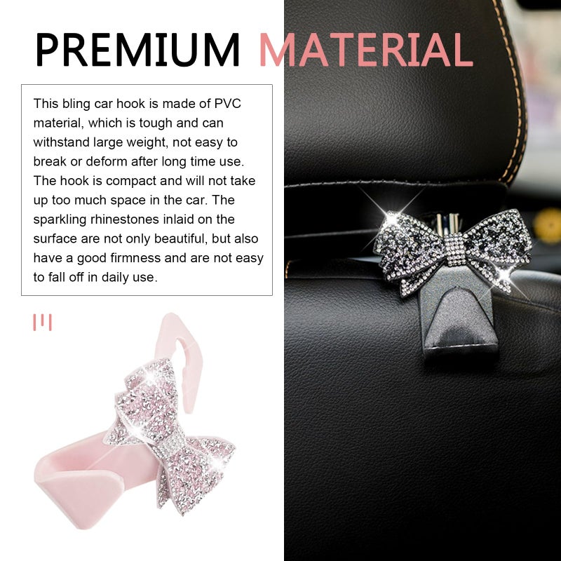 MOXRUQ 2 PCS Bling Bow Car Seat Headrest Hooks, S Type Crystal Seat Back Hangers, Universal Vehicle Storage Organizer for Handbag, Purse, Coat, Grocery Bags (Pink) - Image 4