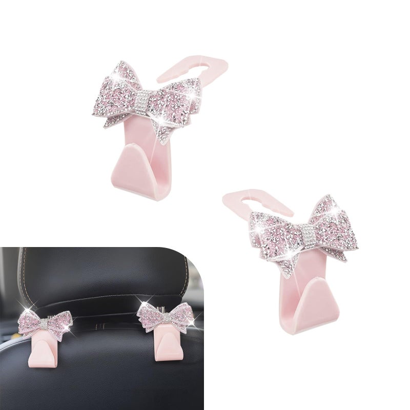MOXRUQ 2 PCS Bling Bow Car Seat Headrest Hooks, S Type Crystal Seat Back Hangers, Universal Vehicle Storage Organizer for Handbag, Purse, Coat, Grocery Bags (Pink) - Image 1