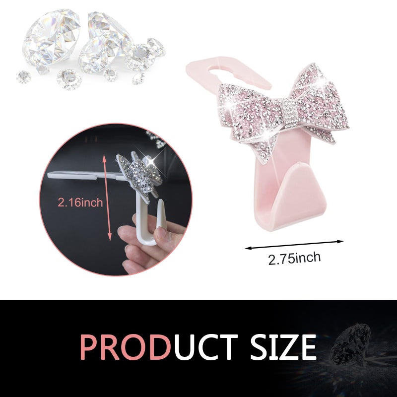 MOXRUQ 2 PCS Bling Bow Car Seat Headrest Hooks, S Type Crystal Seat Back Hangers, Universal Vehicle Storage Organizer for Handbag, Purse, Coat, Grocery Bags (Pink) - Image 2
