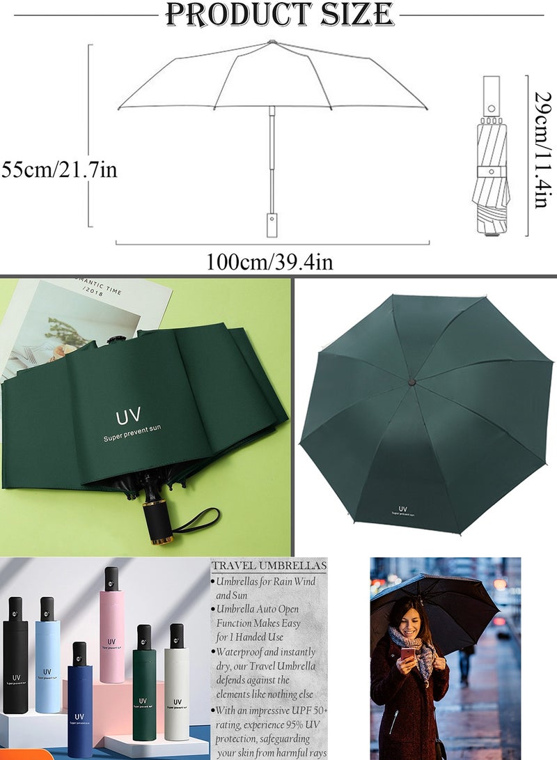 Qiccijoo UV Foldable Umbrella for Rain & Sun Portable Travel Umbrella for Rain Windproof Compact Umbrella Automatic Umbrellas for Men Women Car Umbrella Golf Umbrella(Green) - Image 2