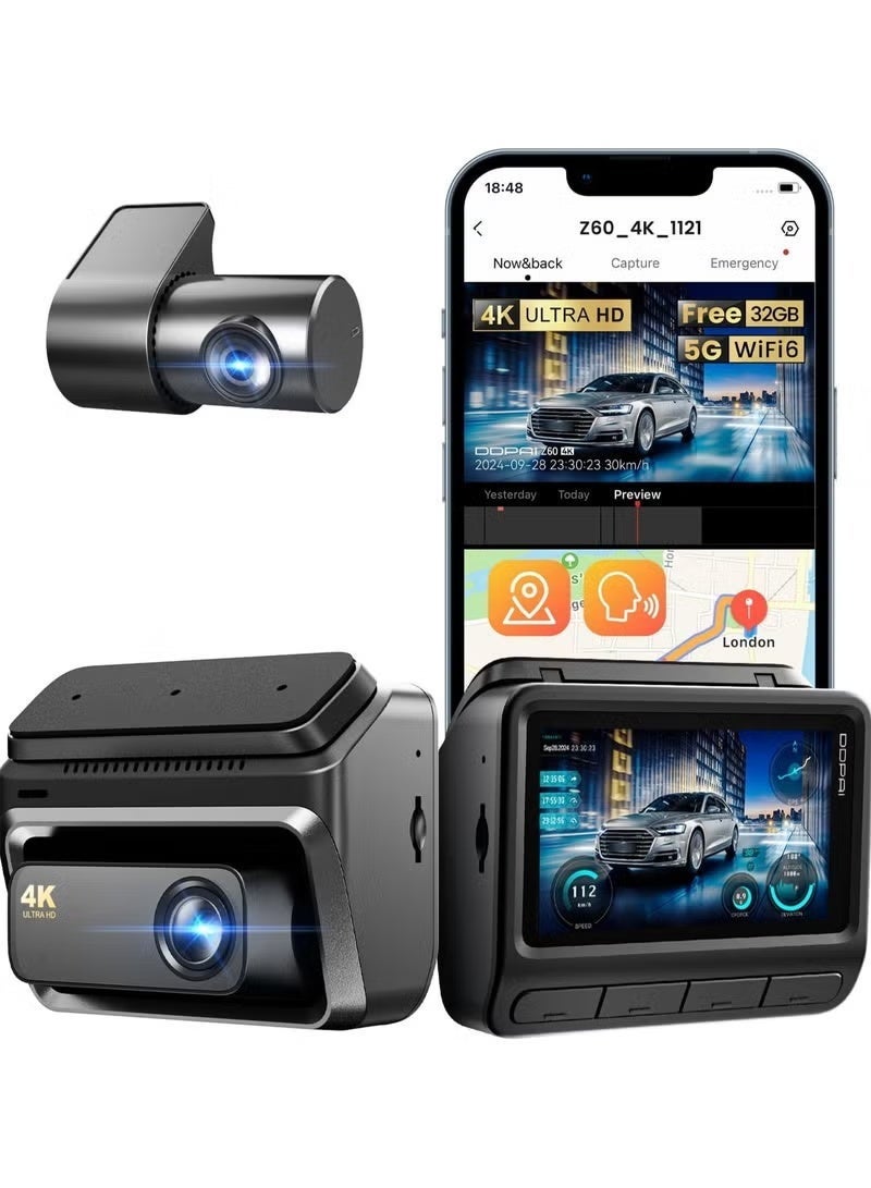 دي دي باي كاميرا DDPAI Z60 المزدوجة بدقة 4K أمامية وخلفية، كاميرا داش للسيارات بدقة 2160P+1080P، سرعة نقل بيانات تصل إلى 15 ميجابايت/ثانية، تدعم تقنية WiFi 6 بتردد 5 جيجاهرتز، مزودة بذاكرة eMMC سعة 32 جيجابايت، رؤية ليلية، شاشة IPS مقاس 3 بوصات، نطاق ديناميكي واسع، نظام ADAS، تسجيل حلقي، مستشعر G، Z60 - Image 1