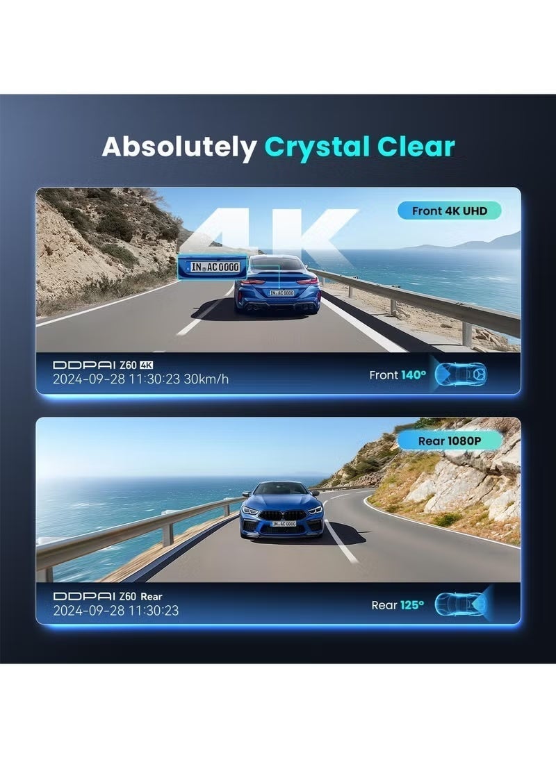 دي دي باي كاميرا DDPAI Z60 المزدوجة بدقة 4K أمامية وخلفية، كاميرا داش للسيارات بدقة 2160P+1080P، سرعة نقل بيانات تصل إلى 15 ميجابايت/ثانية، تدعم تقنية WiFi 6 بتردد 5 جيجاهرتز، مزودة بذاكرة eMMC سعة 32 جيجابايت، رؤية ليلية، شاشة IPS مقاس 3 بوصات، نطاق ديناميكي واسع، نظام ADAS، تسجيل حلقي، مستشعر G، Z60 - Image 4