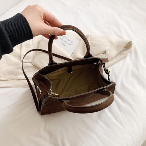 Covelin Women's Retro Suede Tote Bag Ladies' Fashion Shoulder Handbag Top Handle Purse Small Coffee - Image 4