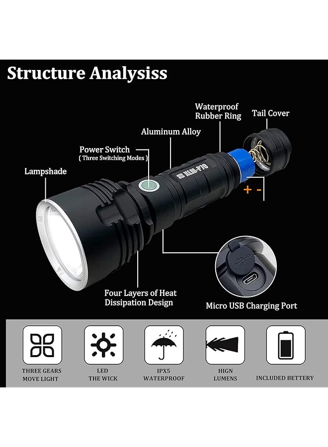 30000 100000 lumens Rechargeable led Tactical Flashlight，Super Bright 3 Modes Handheld Flashlights，Brightest Powerful 50W XLM P70 LED USB Torch - Image 5
