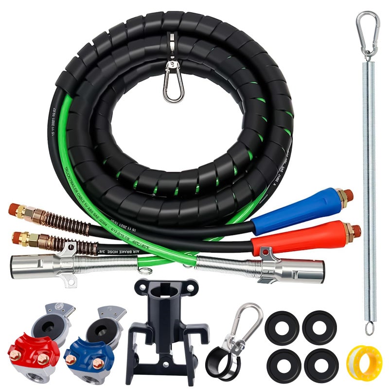 KOOTANS 15FT Semi Truck Air Line Kit 3 in 1 Air Brake Hoses and 7 Way Trailer Cord with Glad Hands Gladhand Holder and Tender Spring Air Lines Set for Semi Truck Trailer Tractor