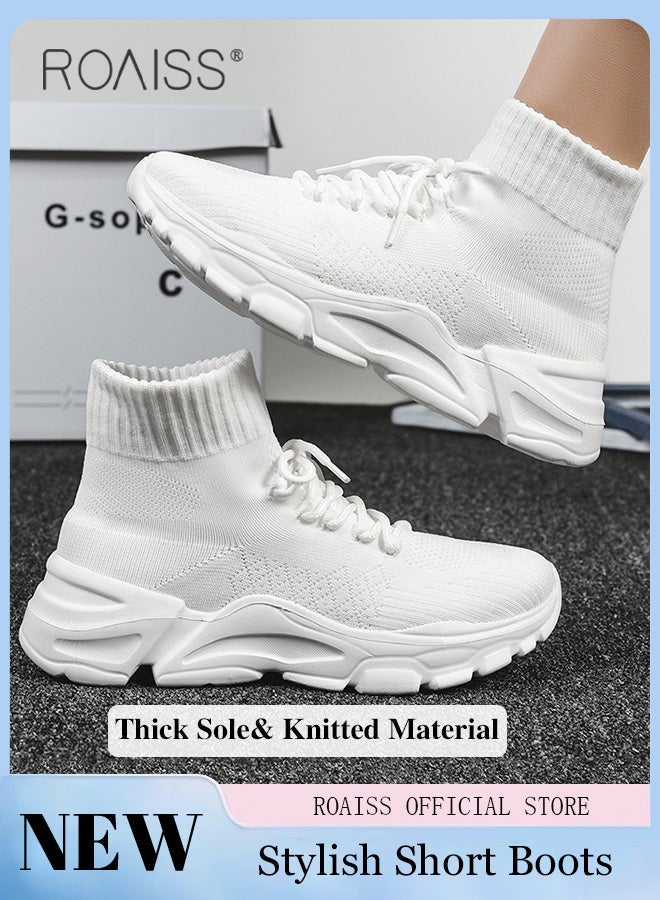 roaiss Women's Knitted Elastic Chunky Sneakers Pure White Stylish Breathable Short Boots Women's Casual Lace up Design Thick Sole Sports Walking Shoes Non-slip High Top Sneakers - Image 1
