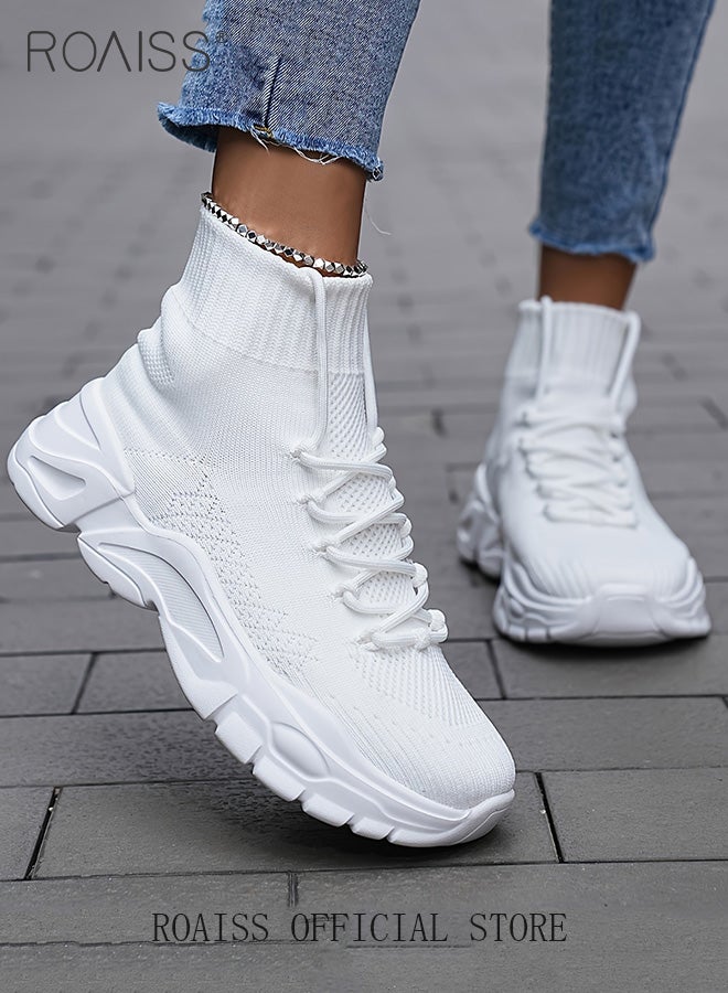 roaiss Women's Knitted Elastic Chunky Sneakers Pure White Stylish Breathable Short Boots Women's Casual Lace up Design Thick Sole Sports Walking Shoes Non-slip High Top Sneakers - Image 4