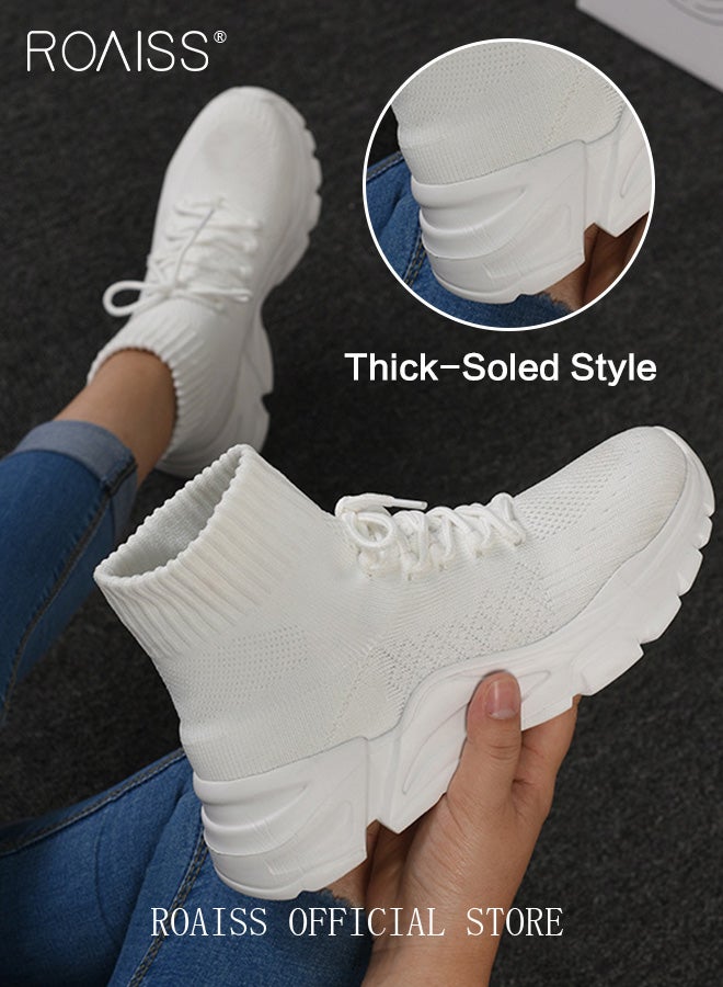 roaiss Women's Knitted Elastic Chunky Sneakers Pure White Stylish Breathable Short Boots Women's Casual Lace up Design Thick Sole Sports Walking Shoes Non-slip High Top Sneakers - Image 5