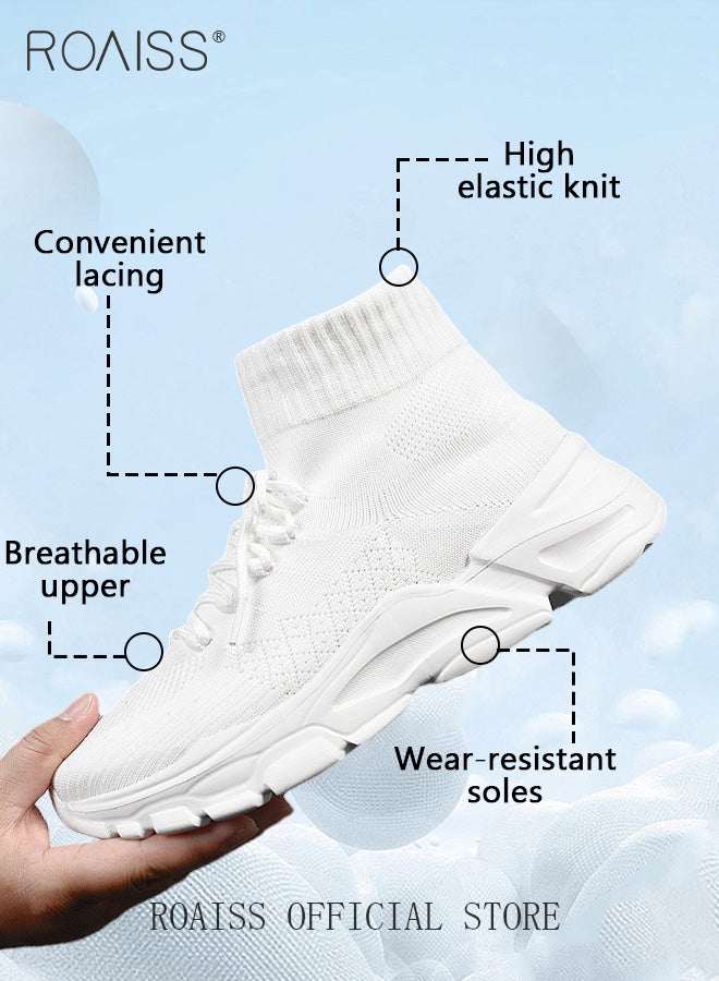 roaiss Women's Knitted Elastic Chunky Sneakers Pure White Stylish Breathable Short Boots Women's Casual Lace up Design Thick Sole Sports Walking Shoes Non-slip High Top Sneakers - Image 3