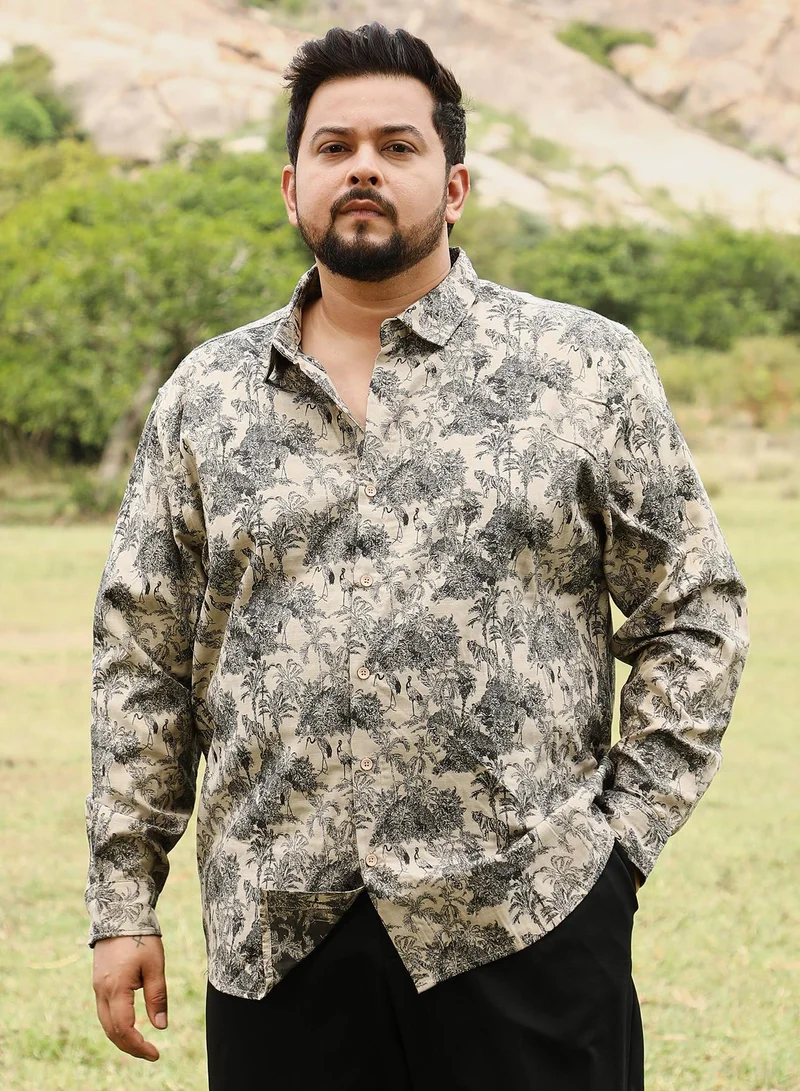 انستافاب بلس Instafab Men's Ecru Beige & Charcoal Black Safari-Forest Jacquard Shirt | Spread Collar , Long Cuffed Sleeves , Button Closure | Floral Jacquard | Cotton-Blend Shirt For Casual Wear