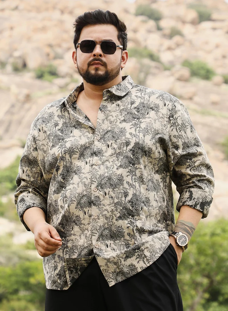 انستافاب بلس Instafab Men's Ecru Beige & Charcoal Black Safari-Forest Jacquard Shirt | Spread Collar , Long Cuffed Sleeves , Button Closure | Floral Jacquard | Cotton-Blend Shirt For Casual Wear