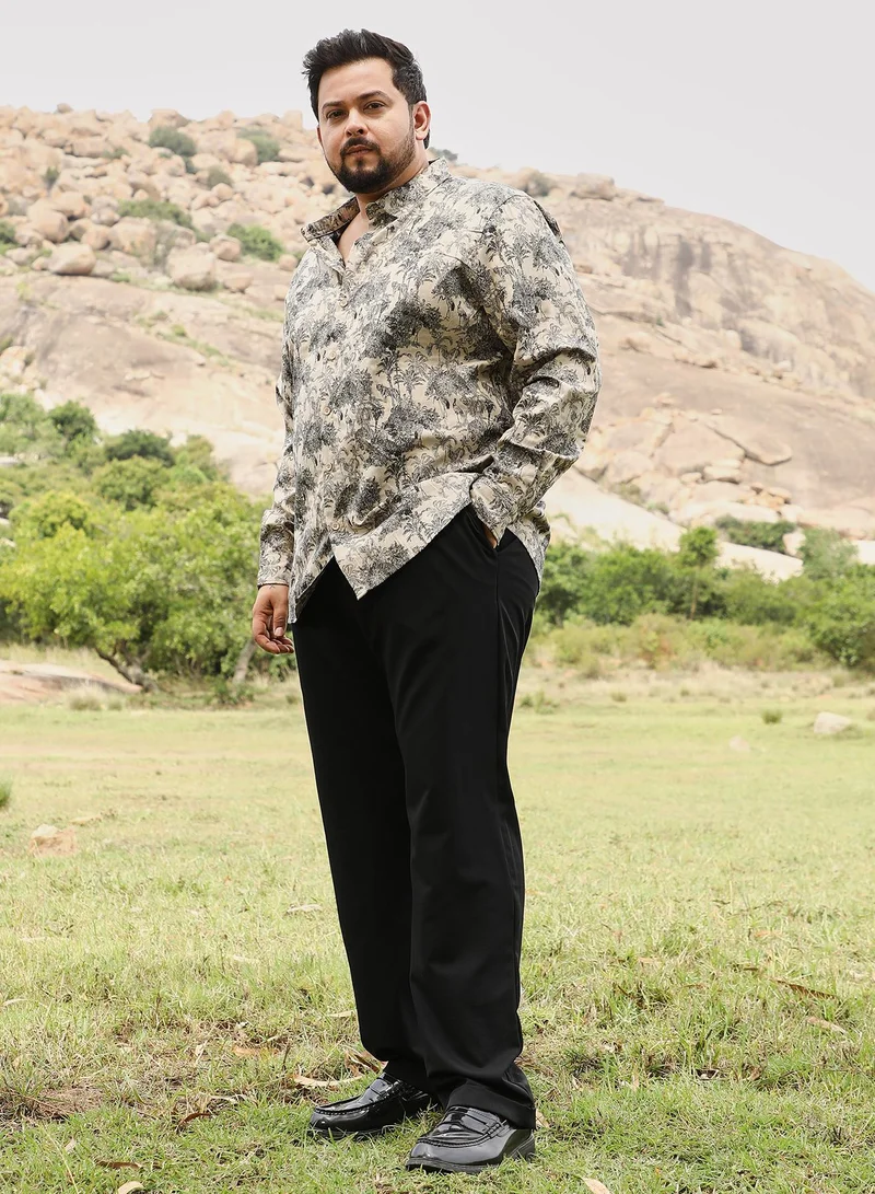Instafab Plus Instafab Men's Ecru Beige & Charcoal Black Safari-Forest Jacquard Shirt | Spread Collar , Long Cuffed Sleeves , Button Closure | Floral Jacquard | Cotton-Blend Shirt For Casual Wear