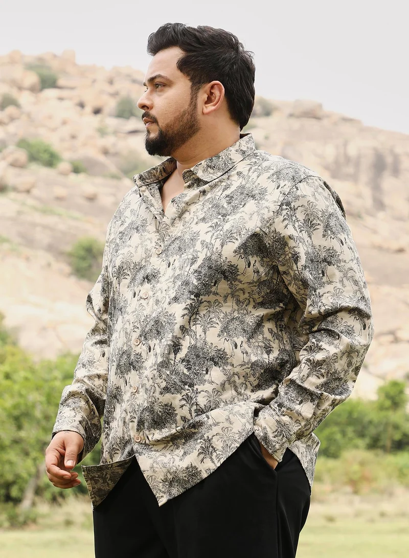 Instafab Plus Instafab Men's Ecru Beige & Charcoal Black Safari-Forest Jacquard Shirt | Spread Collar , Long Cuffed Sleeves , Button Closure | Floral Jacquard | Cotton-Blend Shirt For Casual Wear