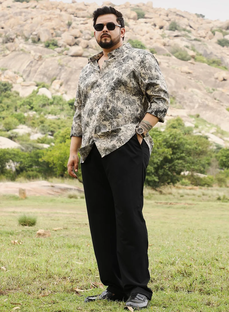 Instafab Plus Instafab Men's Ecru Beige & Charcoal Black Safari-Forest Jacquard Shirt | Spread Collar , Long Cuffed Sleeves , Button Closure | Floral Jacquard | Cotton-Blend Shirt For Casual Wear