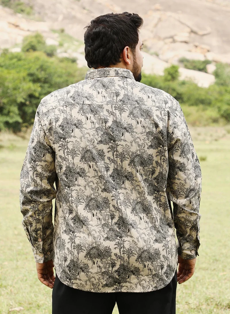 Instafab Plus Instafab Men's Ecru Beige & Charcoal Black Safari-Forest Jacquard Shirt | Spread Collar , Long Cuffed Sleeves , Button Closure | Floral Jacquard | Cotton-Blend Shirt For Casual Wear