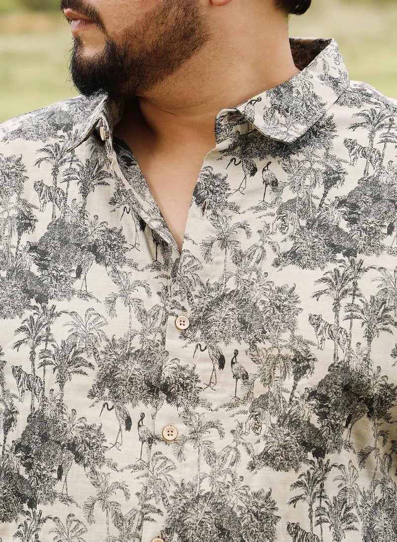 Instafab Plus Instafab Men's Ecru Beige & Charcoal Black Safari-Forest Jacquard Shirt | Spread Collar , Long Cuffed Sleeves , Button Closure | Floral Jacquard | Cotton-Blend Shirt For Casual Wear