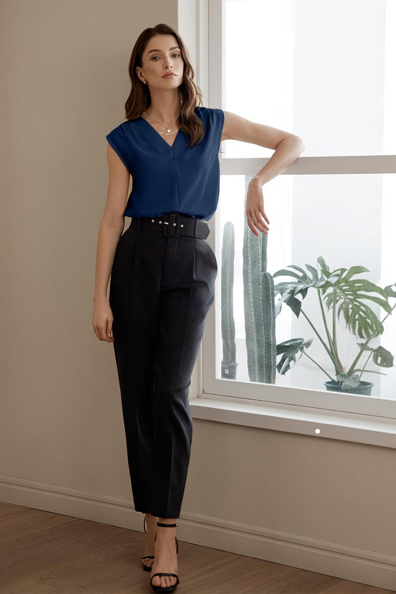 EVALESS Tops for Women Summer Casual Pleated V Neck Work Office Sleeveless Blouses Navy Blue L - Image 5