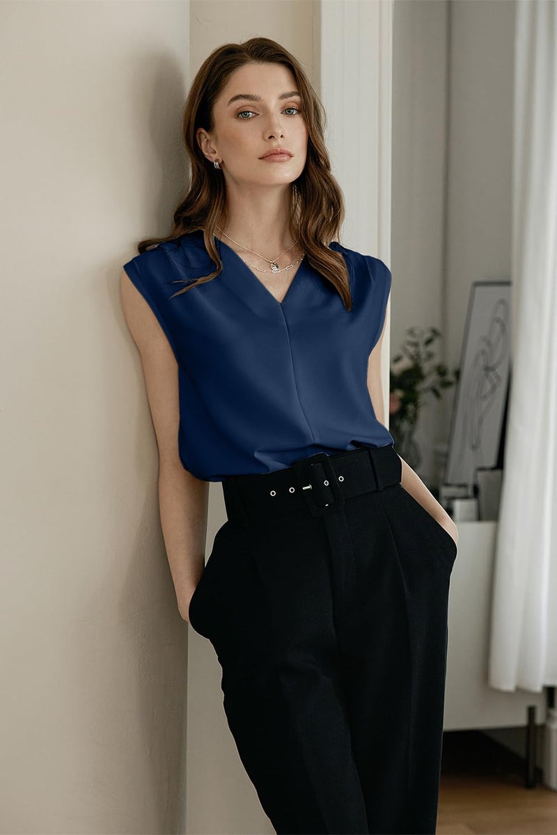 EVALESS Tops for Women Summer Casual Pleated V Neck Work Office Sleeveless Blouses Navy Blue L - Image 3