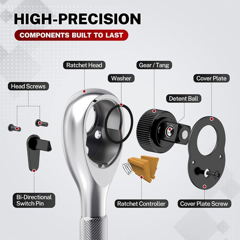 TOMMARS 3/8-Inch Drive Stubby Ratchet Mini Ratchet Quick-Release Head 72-Tooth - Image 3