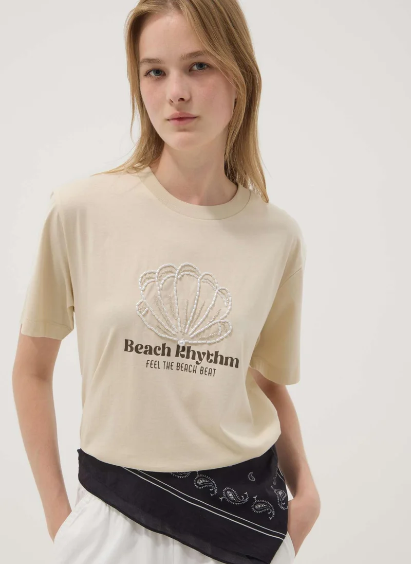 او في اس OVS Beige Short-Sleeved Pure Cotton T-Shirt With Embroidery