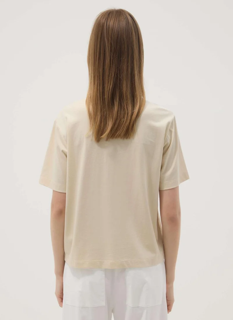 Ovs  OVS Beige Short-Sleeved Pure Cotton T-Shirt With Embroidery for Women | Best Price UAE