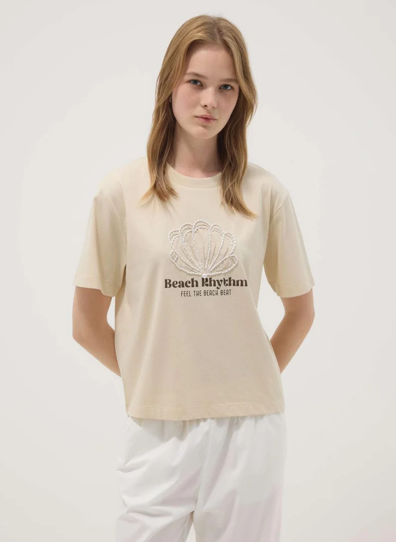 Ovs  OVS Beige Short-Sleeved Pure Cotton T-Shirt With Embroidery for Women | Best Price UAE