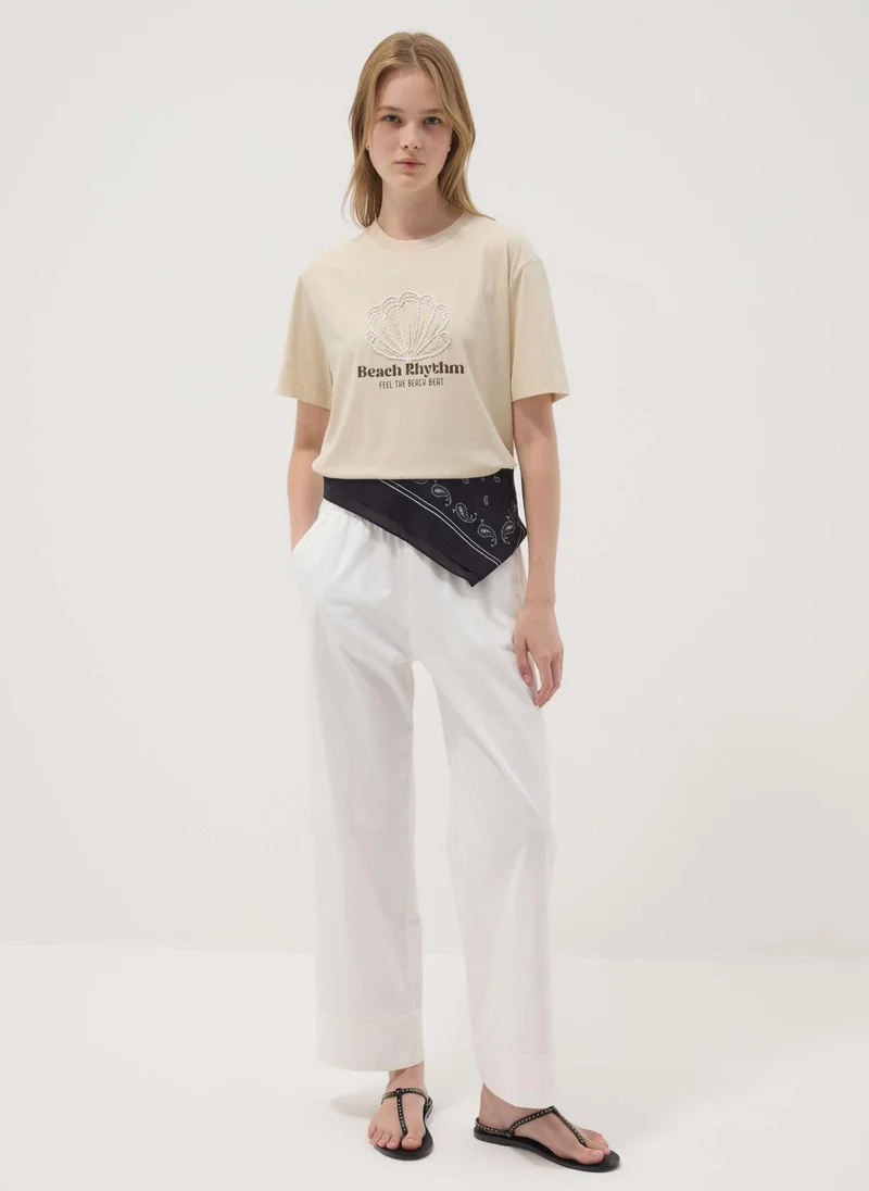 او في اس OVS Beige Short-Sleeved Pure Cotton T-Shirt With Embroidery