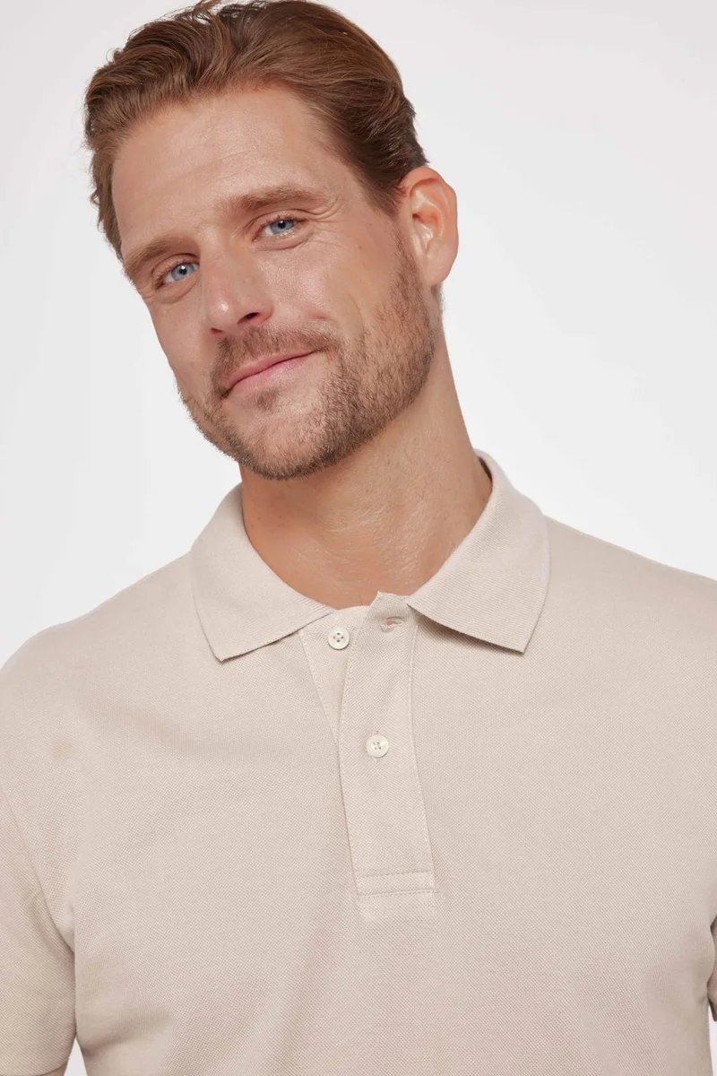 Tudors Men's Slim Fit Narrow Cut Cotton Plain Pique Stone Color Polo Collar T-Shirt