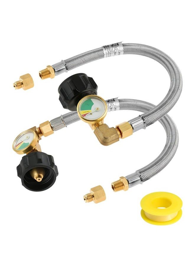 MCAMPAS RV Propane Hose with Pressure Gauge - 12" Stainless Steel Braided Pigtail Hose, 1/4" Male NPT to Inverted Flare for Two-Stage Regulator, Compatible with Camper/Trailer/RV Gas System - 2 Pack - Image 1