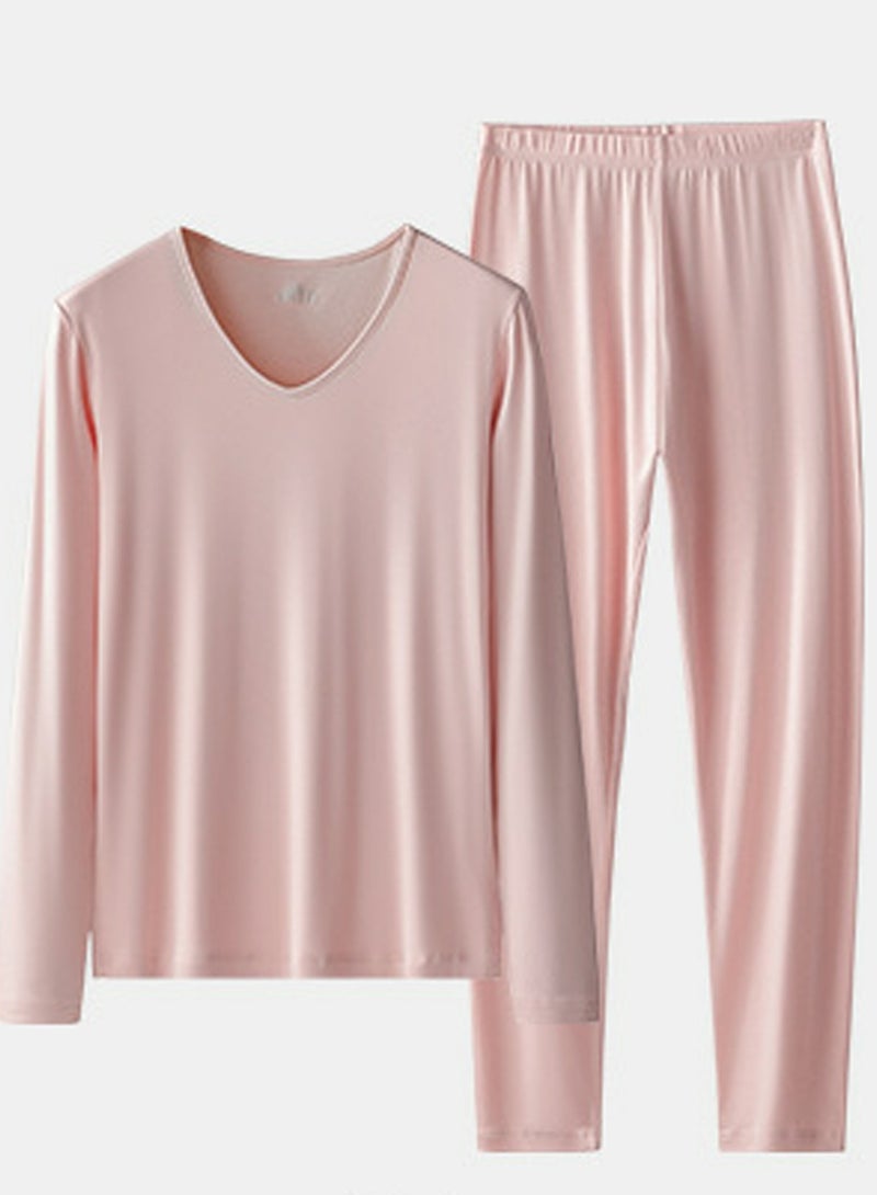 Loquat Womens Solid Color Thin Seamless Long Johns And V-Neck Thermal Underwear Set 2 Piece Base Layer Set for Women Pale Pink 