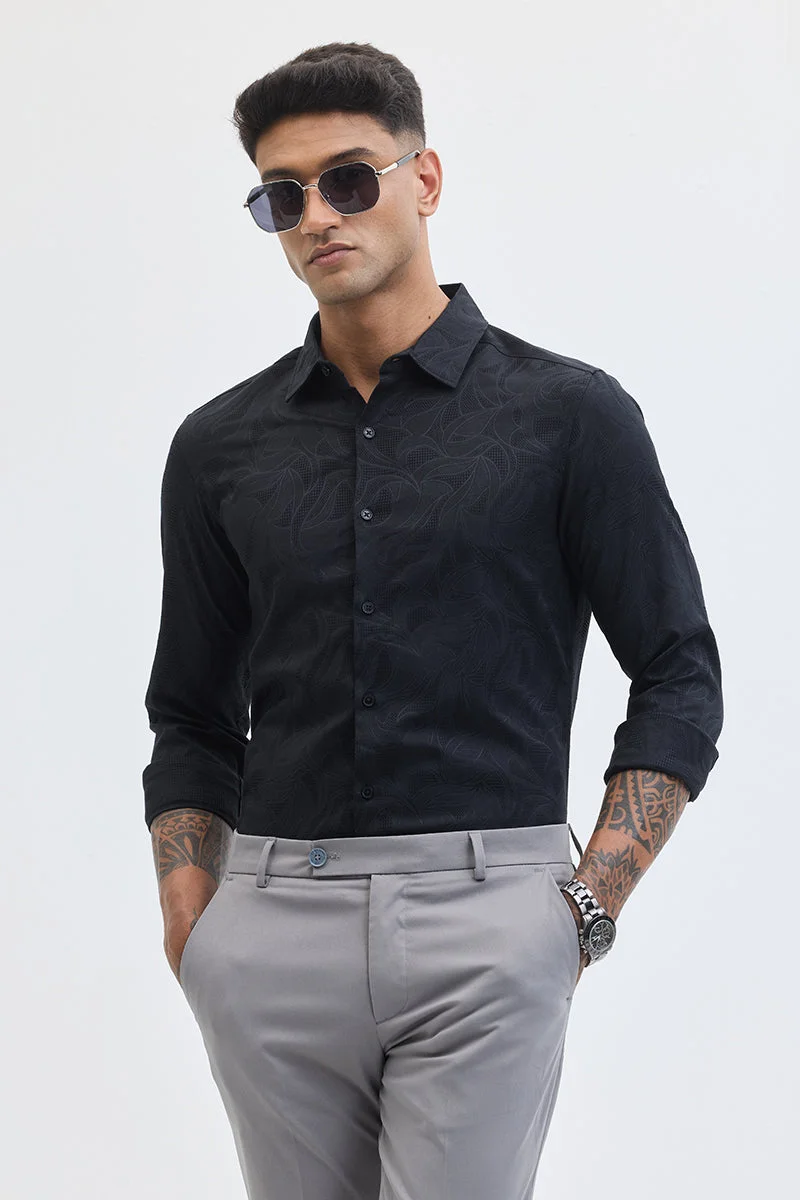 SNITCH Black Textured Long Sleeve Slim Fit Formal Shirt
