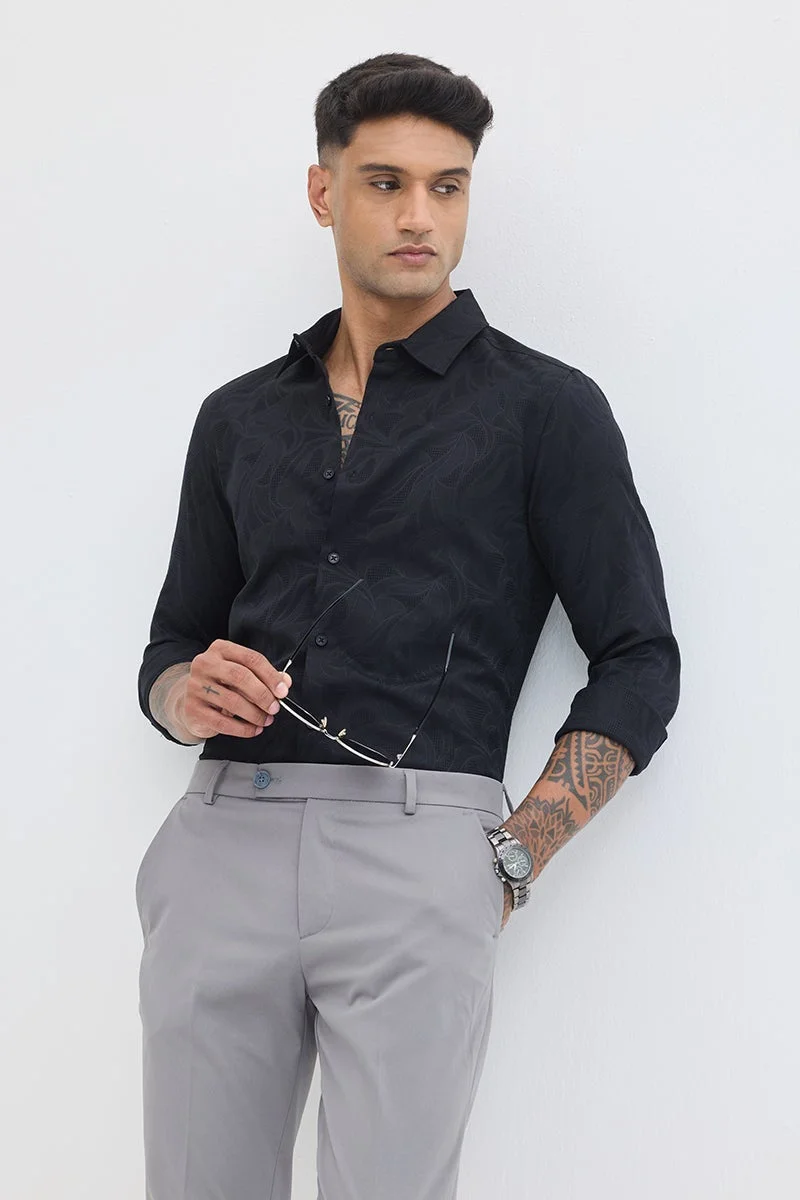 سنيتش Black Textured Long Sleeve Slim Fit Formal Shirt