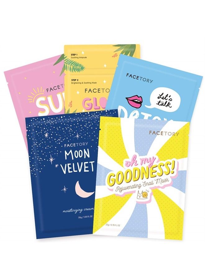 مجموعة أقنعة الوجه - مرطبة، مطهرة، مهدئة، مرطبة، متجددة - أقنعة وجه ناعمة ومناسبة لجميع أنواع البشرة، عبوة تحتوي على 5 أقنعة ورقية