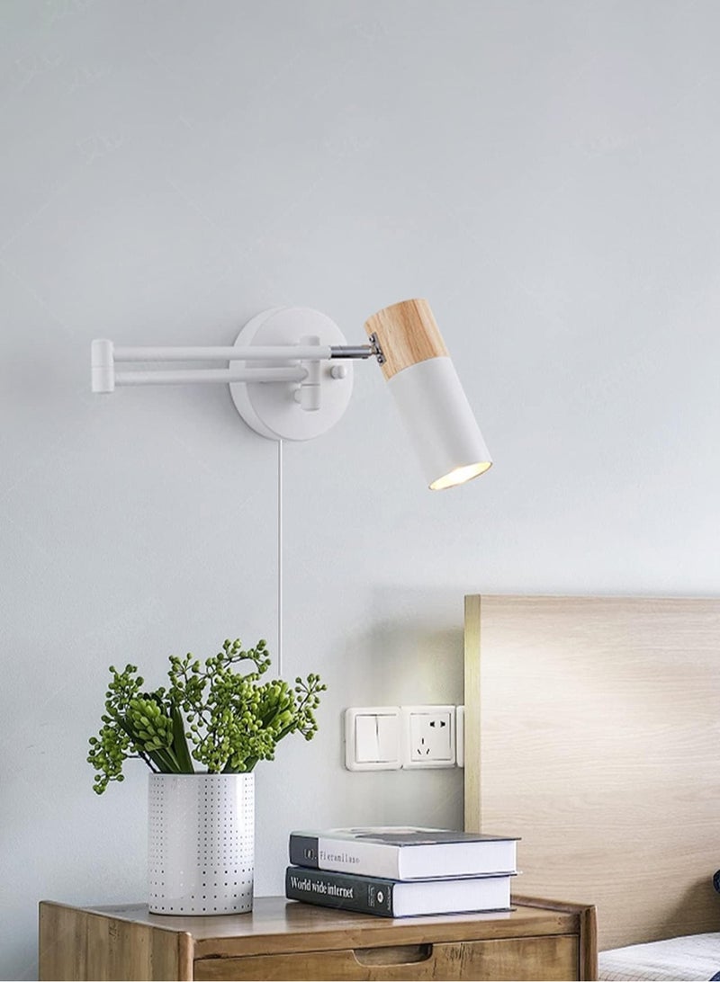 LOOPITYS Wooden indoor wall lamp (white, color temperature 3000K warm light), long arm metal rotating head adjustable 350 °, long arm reading wall lamp, indoor retro and expandable retro wall lamp, suitable for bedrooms, bedside hotels, and guest rooms - Image 3