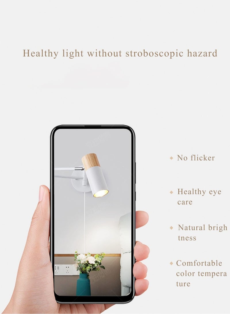 LOOPITYS Wooden indoor wall lamp (white, color temperature 3000K warm light), long arm metal rotating head adjustable 350 °, long arm reading wall lamp, indoor retro and expandable retro wall lamp, suitable for bedrooms, bedside hotels, and guest rooms - Image 4