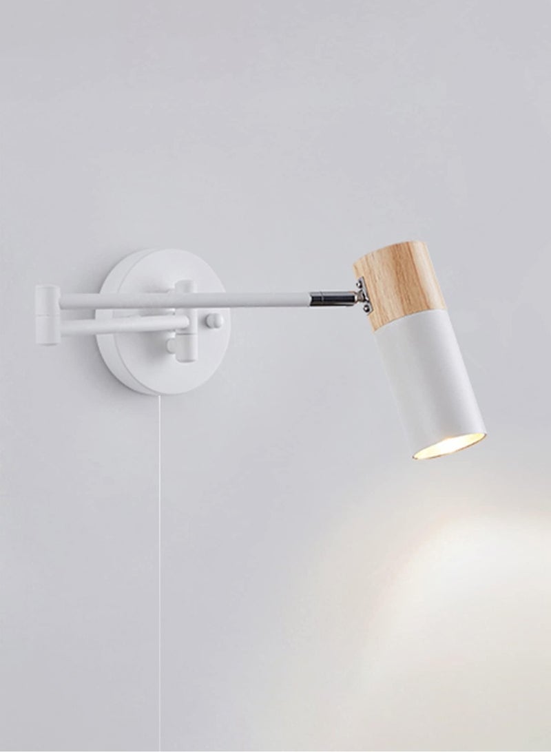LOOPITYS Wooden indoor wall lamp (white, color temperature 3000K warm light), long arm metal rotating head adjustable 350 °, long arm reading wall lamp, indoor retro and expandable retro wall lamp, suitable for bedrooms, bedside hotels, and guest rooms - Image 1