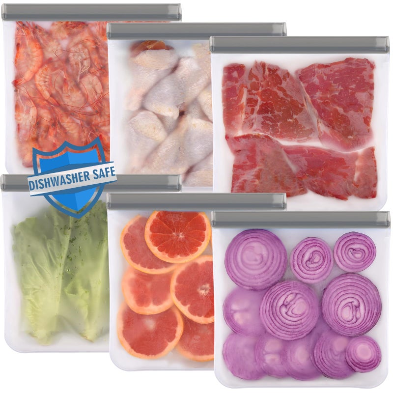Lerine 6 Pack Reusable Gallon Freezer Bags Dishwasher Safe BPA Free Reusable 1 Gallon Bags Leakproof Food Storage Bags for Marinate Meats Cereal Vegetables Home OrganizationGrey