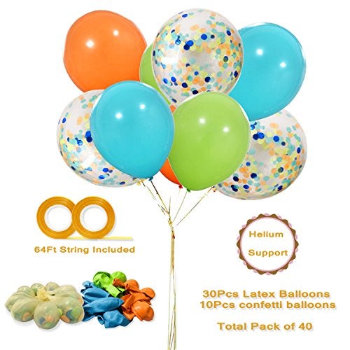 Haptda Dinosaur Balloons 40 Pack, 12 Inch Orange Light Blue Fruit Green Latex Balloons with Confetti Balloon for Baby Shower Dino Jungle Jurassic Birthday Party Decorations Supplies with Ribbon - Image 3