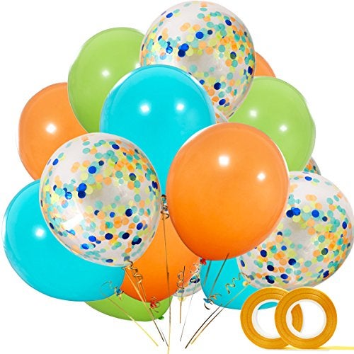 Haptda Dinosaur Balloons 40 Pack, 12 Inch Orange Light Blue Fruit Green Latex Balloons with Confetti Balloon for Baby Shower Dino Jungle Jurassic Birthday Party Decorations Supplies with Ribbon - Image 1