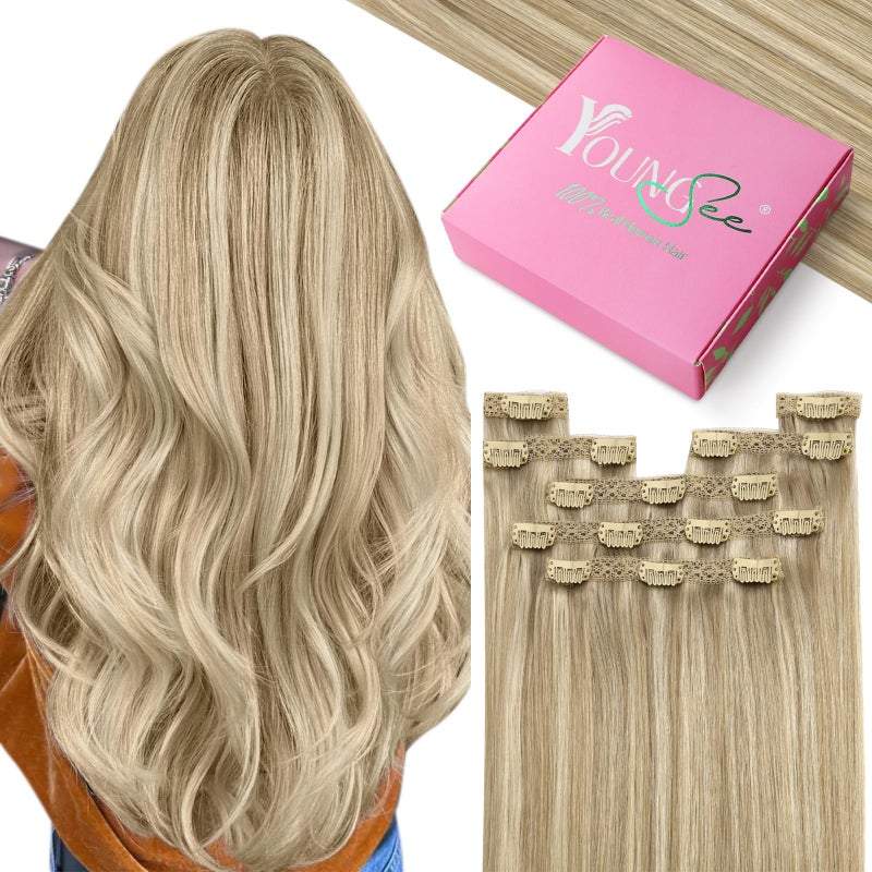 YoungSee Clip in Hair Extensions Human Hair Highlight Lace Clip in Extensions Real Human Hair Dark Ash Blonde Highlights Golden Blonde Remy Human Hair Extensions Clip ins Blonde 16Inch 7Pcs 120G