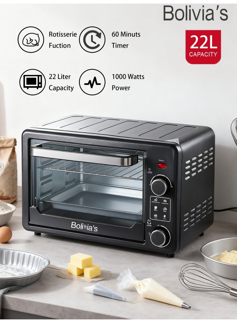 Bolivia's Multifunction electric convection oven, stainless steel, adjustable temperature, large viewing window, accessories included 22L 1000W Black - Image 1