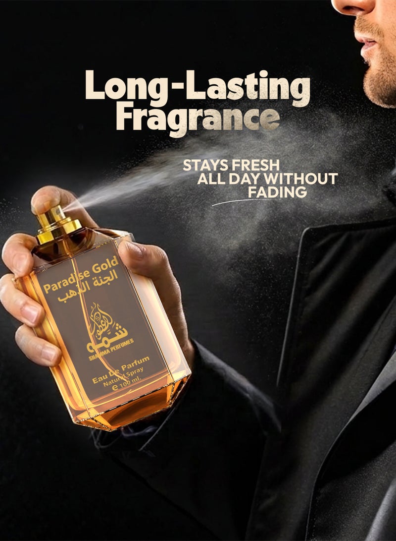 عطور شاما عطر شما بارادايس جولد ١٠٠ مل، عطر رجالي فاخر يدوم طويلاً برائحة العنبر والخشب، يتميز بفوحان قوي ونفحات قوية من العود والجلد والمسك. عطر فاخر مناسب للاستخدام اليومي والمسائي، برائحة رجولية جريئة. أفضل عطر للرجال. - Image 5