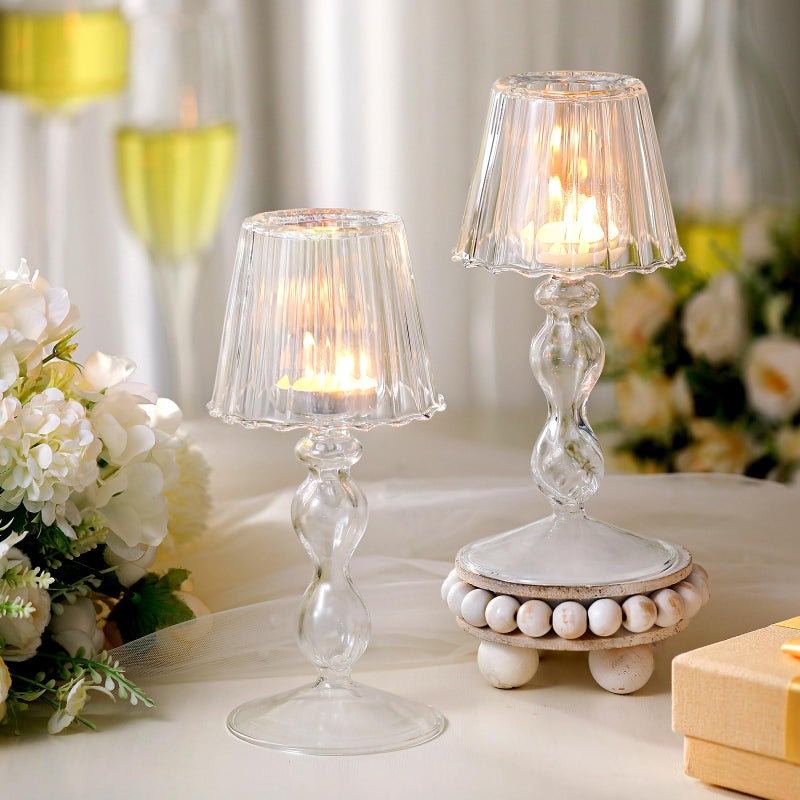 Jingmore 2 Pcs Crystal Candle Holders Lamp Shaped Crystal Tealight Candle Holders Table Centerpiece for Home Wedding Engagement Birthday Party Events Dining Table Decoration(Clear) - Image 1