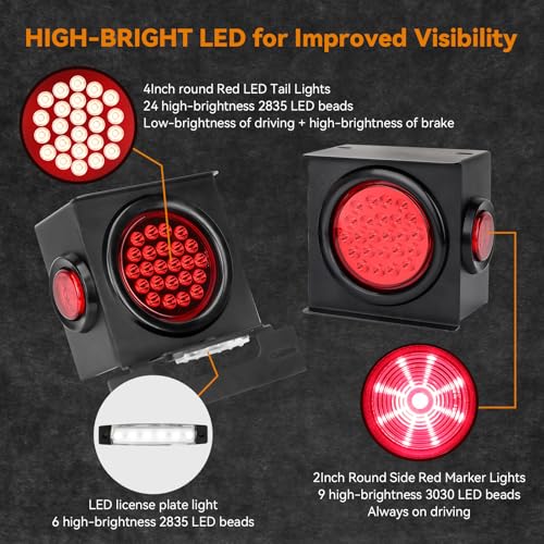 RVZONE 12V Square LED Trailer Light Steel Boxes Housing Kit, 2PCS IP67 Red Waterproof Stop Brake Turn Lights with 4In Round Tail Lights 2 In Round Side Marker Light 6LED License Plate Lighting - Image 2