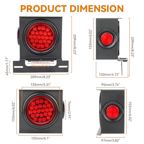 RVZONE 12V Square LED Trailer Light Steel Boxes Housing Kit, 2PCS IP67 Red Waterproof Stop Brake Turn Lights with 4In Round Tail Lights 2 In Round Side Marker Light 6LED License Plate Lighting - Image 4
