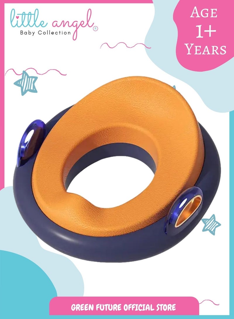Little Angel Kids Potty Training Seat with Cushioned Padding, Comfortable Handles, Lightweight Toddler Toilet Training Chair, Easily Fits Standard Toilets - Blue & Orange - Image 1