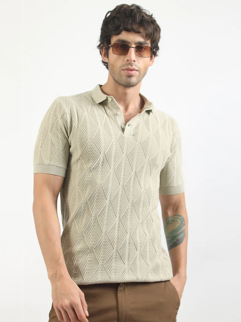 مانياك Maniac Mens Textured Polo Neck Half Sleeve Half Zipper White and Brown Cotton T-Shirt