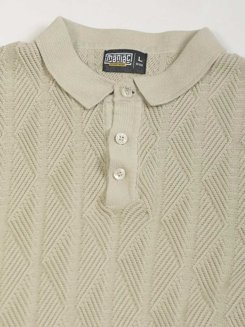 Maniac  Maniac Mens textured polo neck half sleeve half zipper white and brown cotton t-shirt for Men | Best Price UAE